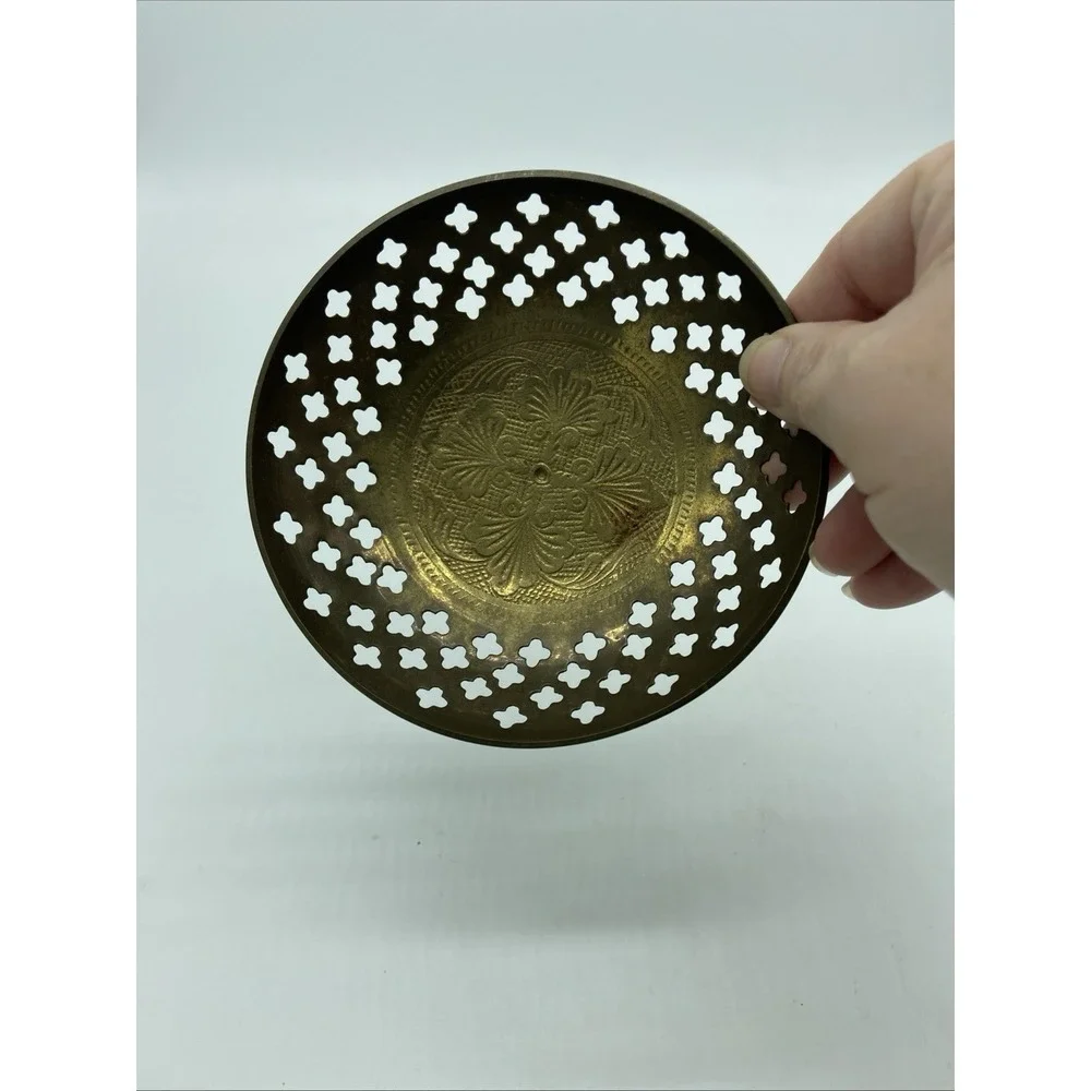 Brass Trinket Dish Pierced Engraved Hollywood Regency Vanity Farmhouse Vintage